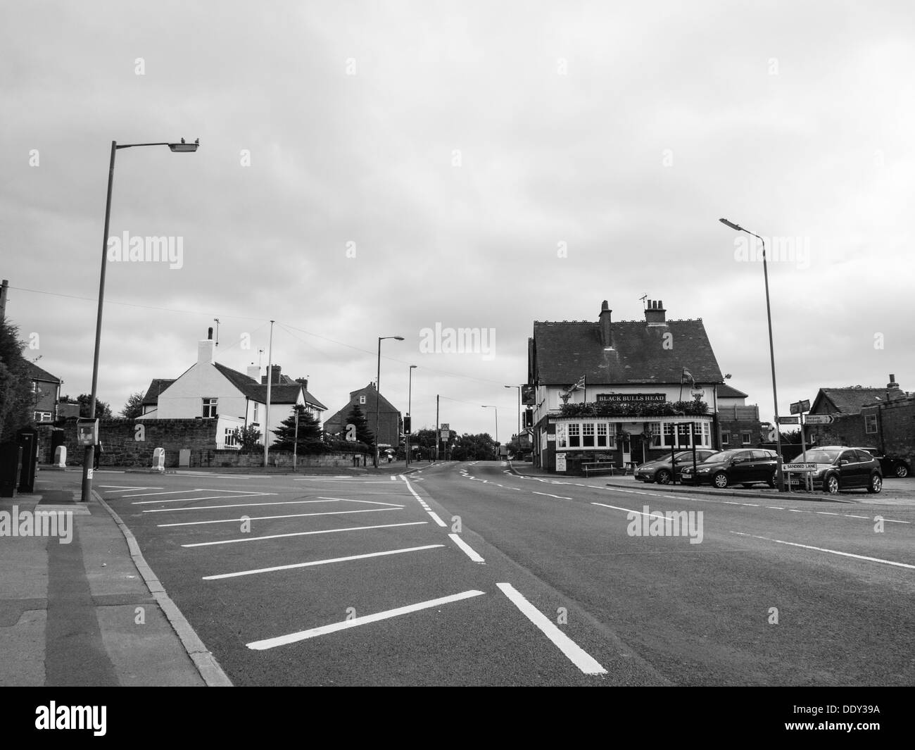 Black and white photo of a pub called the Black Bulls Head in Belper, Derbyshire, United Kingdom, UK. Stock Photo