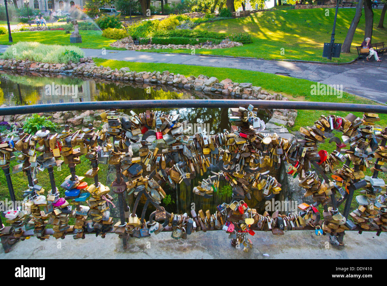 Padlocks attached by couples on a bridge Bastion Hill (Bastejkalns) park central Riga Latvia the Baltic States northern Europe Stock Photo