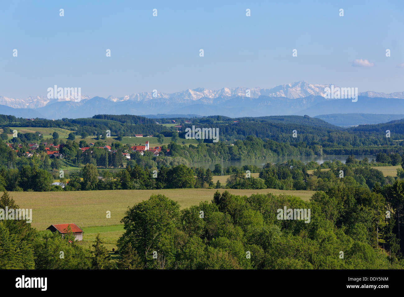 Apfeldorf and the Lech River in front of the Alps, seen from Reichling, Alpine Foothills Stock Photo