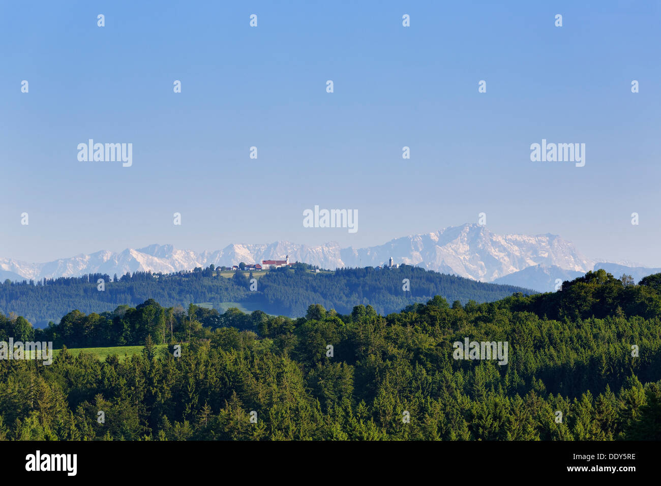 Hoher Peissenberg in front of the Wetterstein Mountains with Zugspitze Mountain Stock Photo