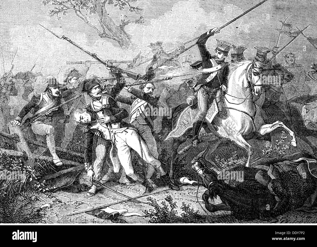 War of the Second Coalition 1798 - 1802, skirmish at Oberhausen, 27.6.1800, death of captain Corret de la Tour d'Auvergne, wood engraving, 19th century, soldiers, soldier, officer, officers, French, infantry, French private, Austrian, Austrian lancers, cavalry, cavalries, Germany, electorate Bavaria, Electorate Palatinate-Bavaria, Electoral Palatinate - Bavaria, Upper Bavaria, Revolutionary Wars, revolution wars, men, man, male, people, Auvergne, 18th century, second, 2nd, skirmish, captain, captains, historic, historical, Additional-Rights-Clearences-Not Available Stock Photo