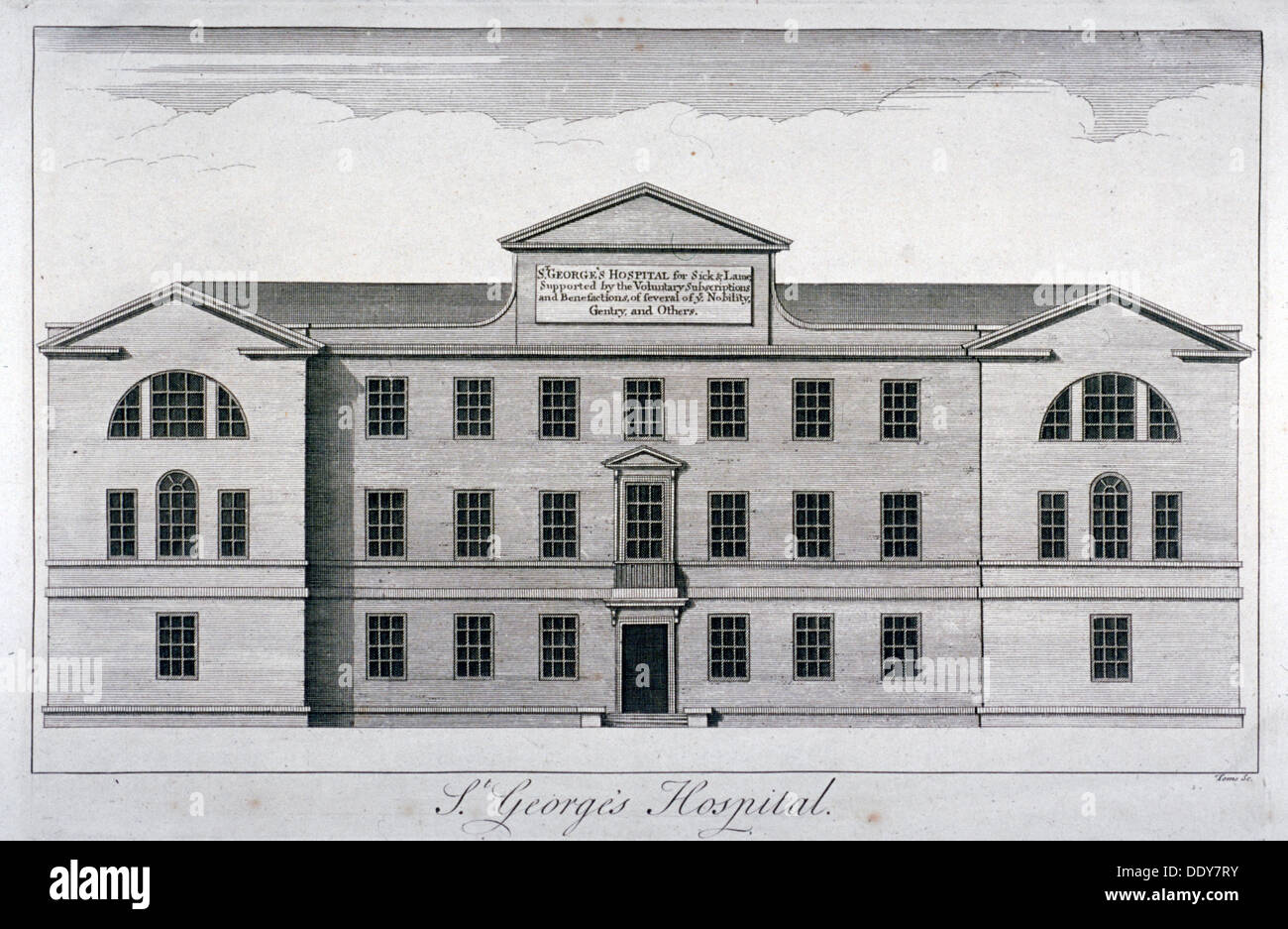 Front elevation of St George's Hospital, Hyde Park Corner, Westminster, London, c1740                Artist: William Henry Toms Stock Photo