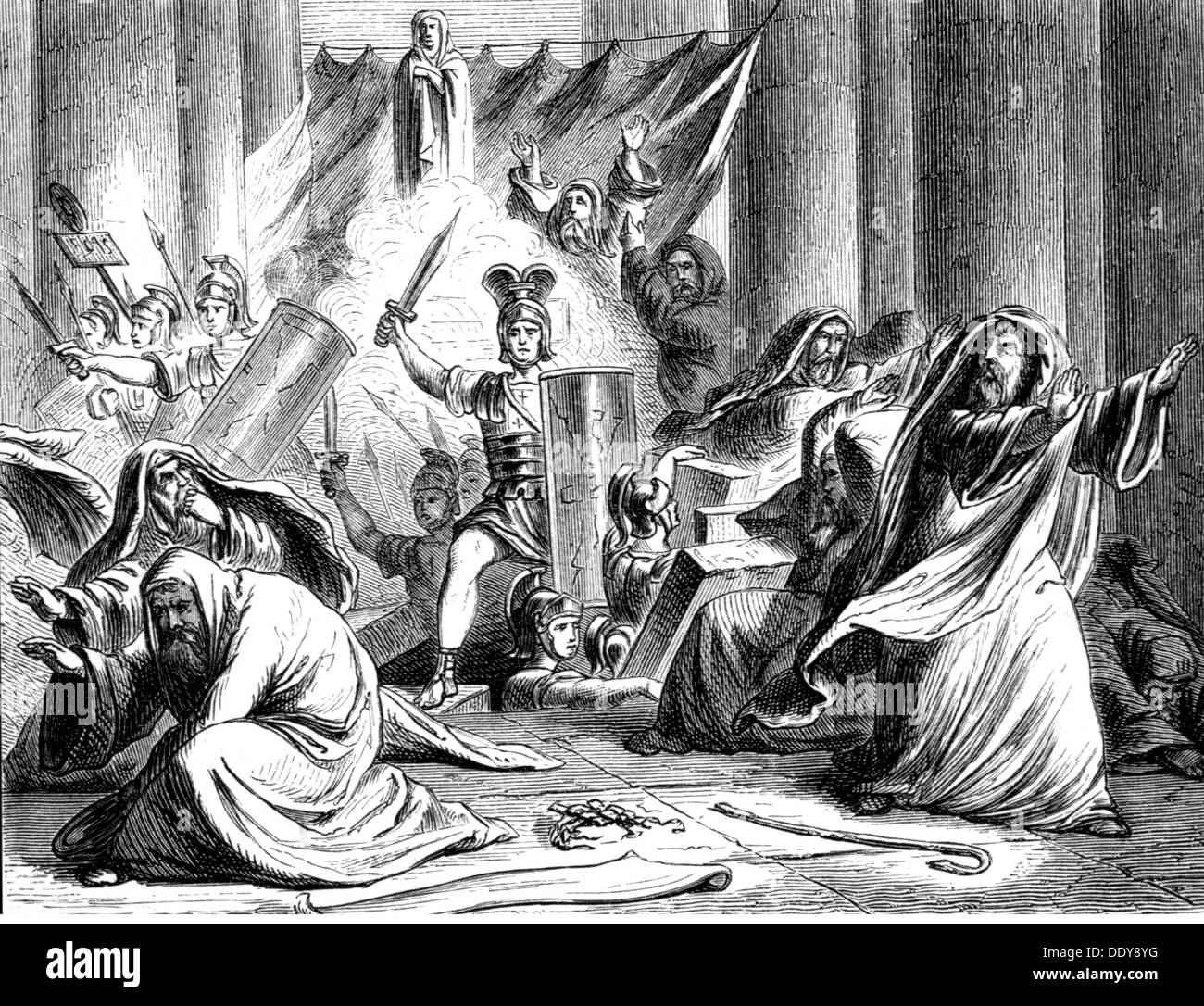 ancient world, Roman Empire, conquest of Veii, 396 BC, wood engraving, 19th century, Roman Republic, war, wars, Etruscan, Etruscans, temple, temples, tunnel, tunnels, priest, priests, seizure, Roman, Romans, 4th century BC, people, men, man, myth, myths, legend, saga, legends, sagas, ancient world, ancient times, conquest, conquests, historic, historical, ancient world, Additional-Rights-Clearences-Not Available Stock Photo