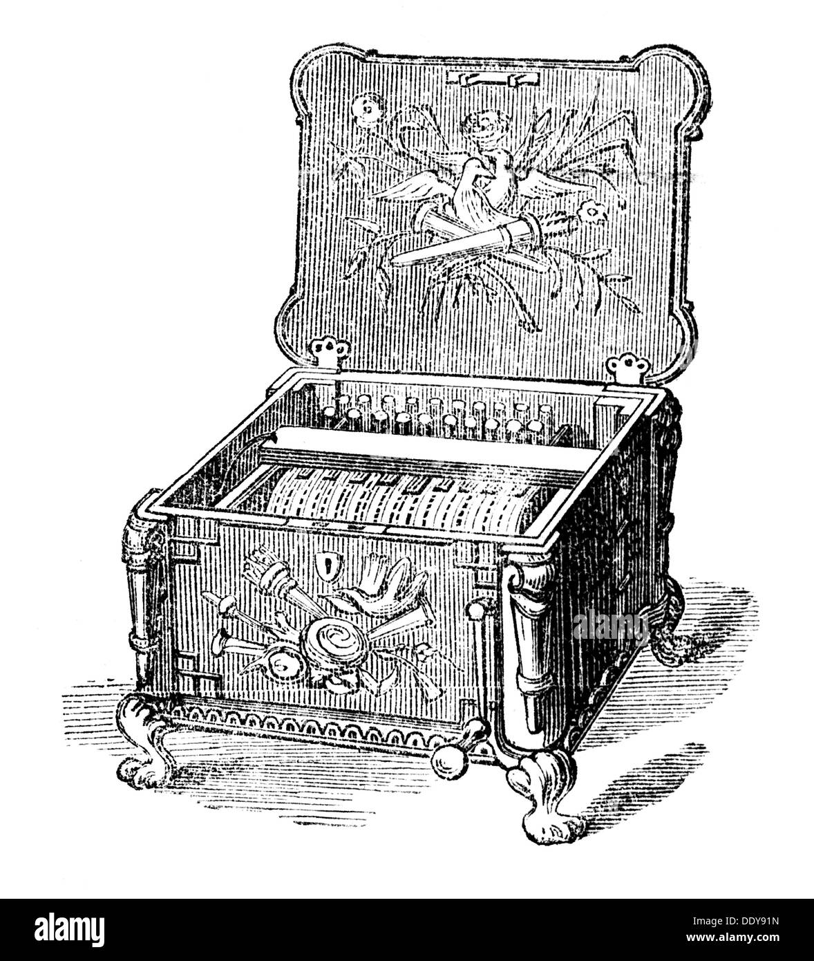 music, instruments, wood engraving, 19th century, mechanical