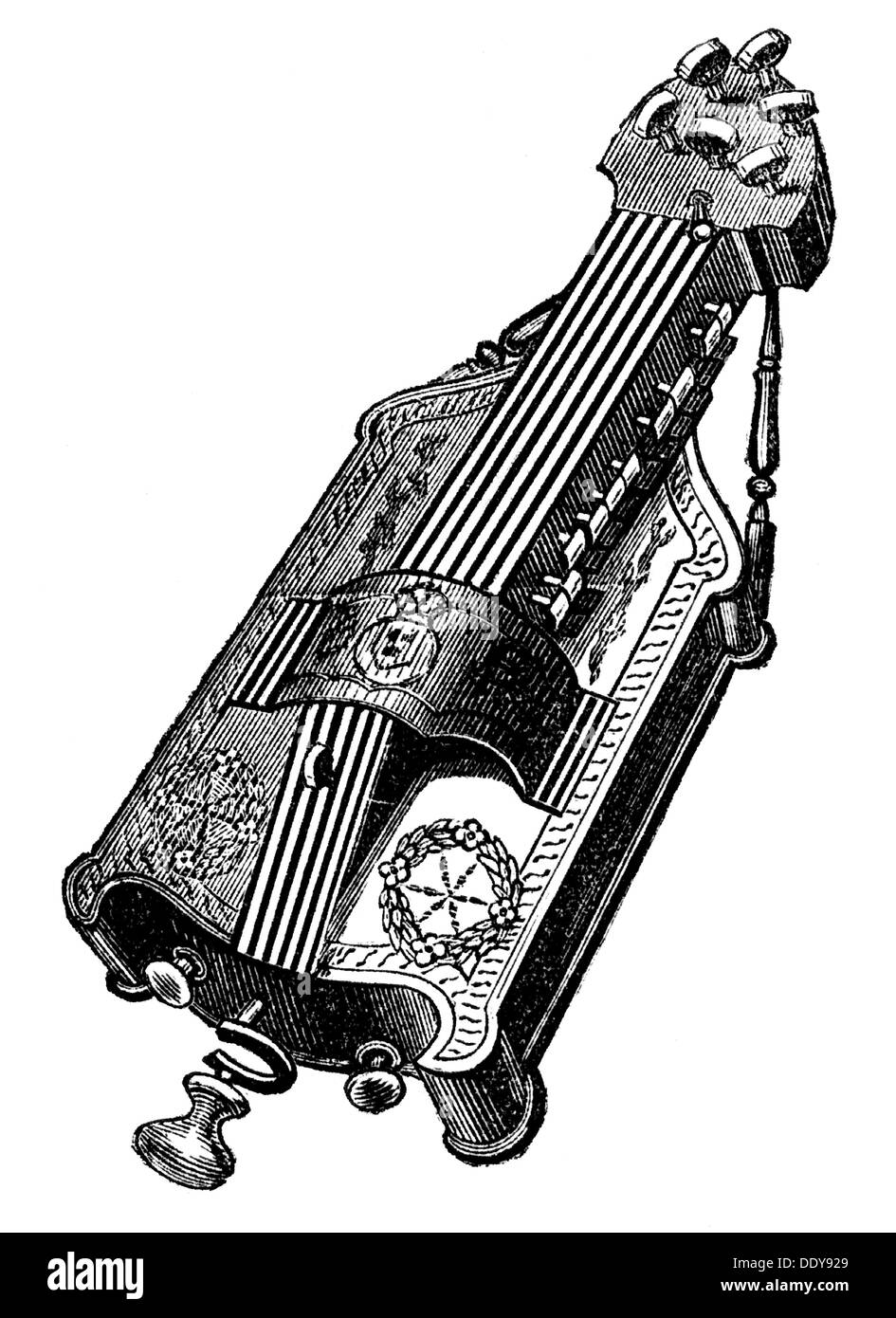 music, instruments, Hurdygurdy, wood engraving, 19th century, musical