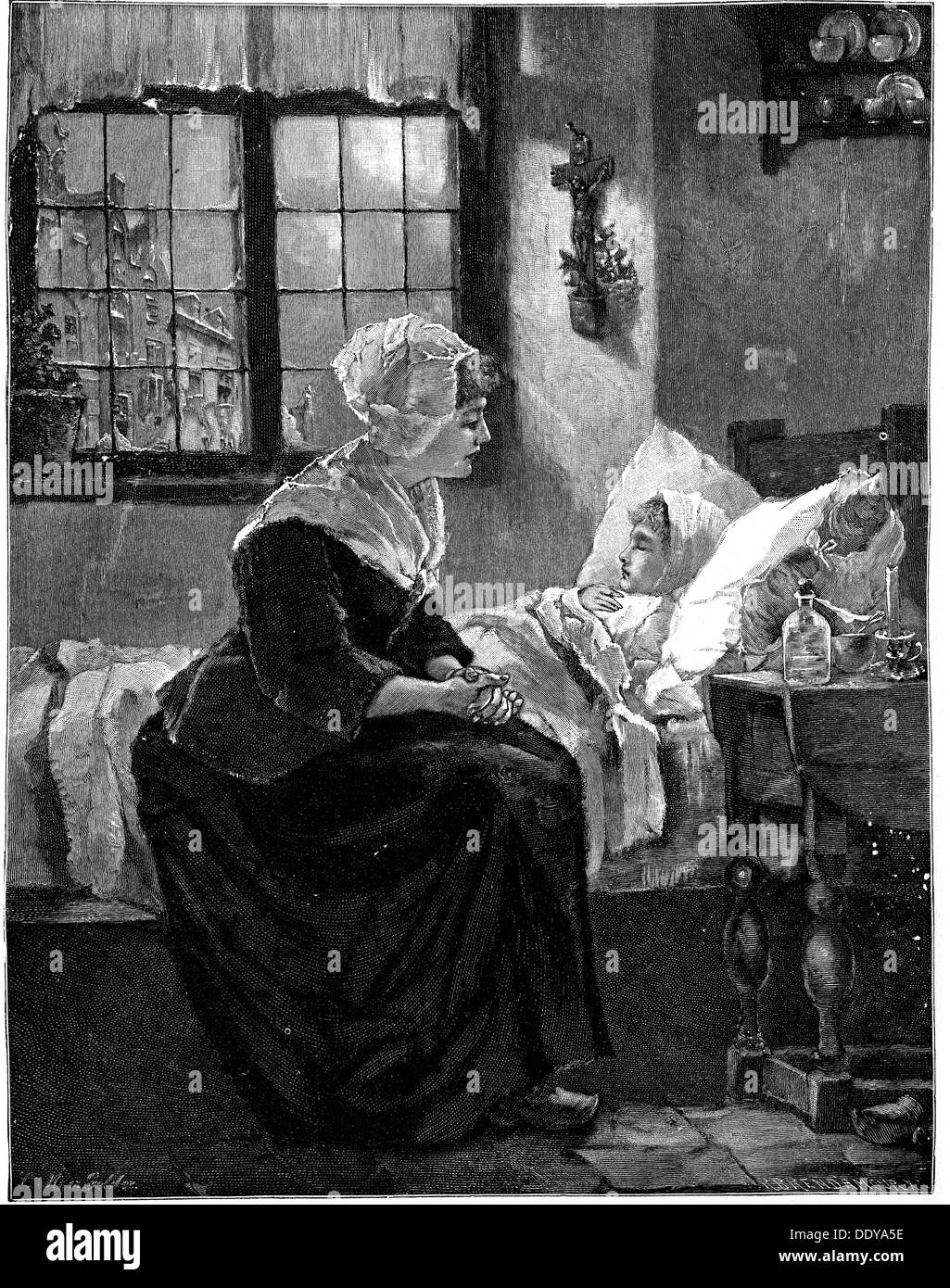 medicine,sick persons,mother at sick-bed of her daughter,after painting by Lucia Mathilde van Gelder(1865 - 1899),wood engraving by Richard Brend'amour,late 19th century,19th century,graphic,graphics,genre painting,genre works,genre scenes,family,families,mother,mothers,daughter,daughters,full length,sitting,sit,bed,beds,sick-bed,sickbed,sick-beds,sickbeds,sick person,sick people,sickness,sicknesses,ill,childhood disease,childhood illness,childhood diseases,childhood illnesses,concern,concerns,worry,worried,fear,for fea,Additional-Rights-Clearences-Not Available Stock Photo