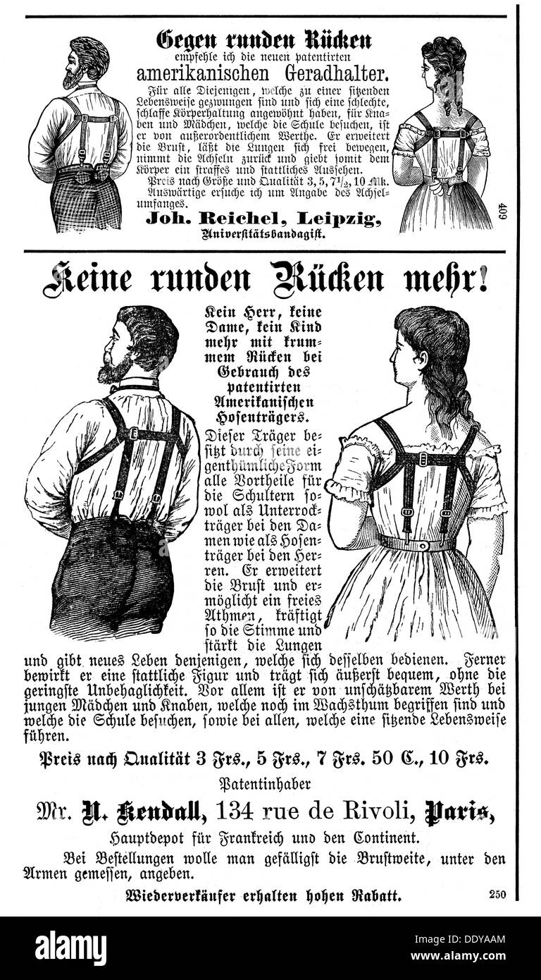 advertising, medicine, advertisement for braces for an upright back from the USA, patent holder: N.Kendall, Paris, distribution: Joh.Reichel, Leipzig, 1880, Additional-Rights-Clearences-Not Available Stock Photo