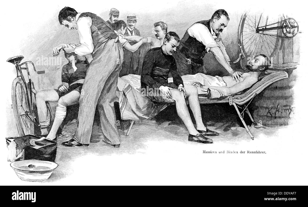 sports,cycling,participants of cycle race getting massaged and bandaged after the contest,wood engraving,19th century,19th century,graphic,graphics,half length,standing,lying,sitting,sit,athlete,athletes,bikerider,bicyclist,cyclists,bikeriders,bicyclists,racing cyclist,bicycle racer,exhaustion,exhausted,hurting,hurts,badly hurt,injuries,injury,injured,medical doctor,physician,medic,doctors,physicians,medics,treatment,treatments,treat,treating,doctor,doctoring,massages,bandage,bandaging,cycle race,cycle races,sports,Additional-Rights-Clearences-Not Available Stock Photo