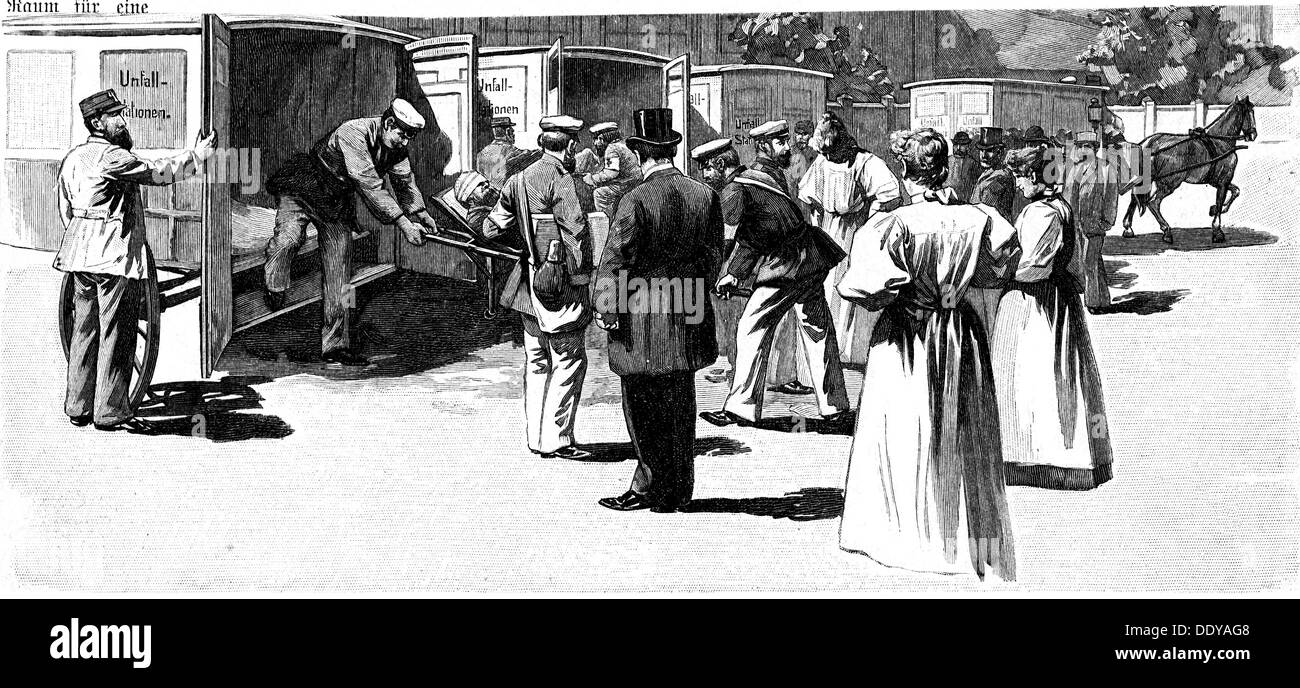 medicine, accident, exercise of the first aid stations Berlin, transport of casualties, wood engraving, 1897, Additional-Rights-Clearences-Not Available Stock Photo