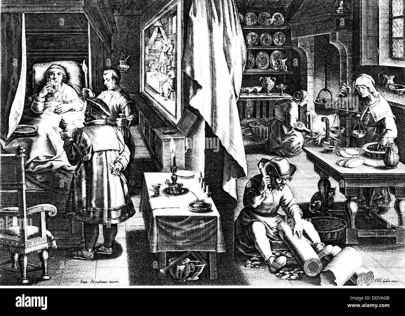 medicine, sexually transmitted diseases, syphilis, guajacum as cure against the disease, after drawing by Jan van der Straet (1523 - 1605), copper engraving by J.Galle, circa 1570, Artist's Copyright has not to be cleared Stock Photo