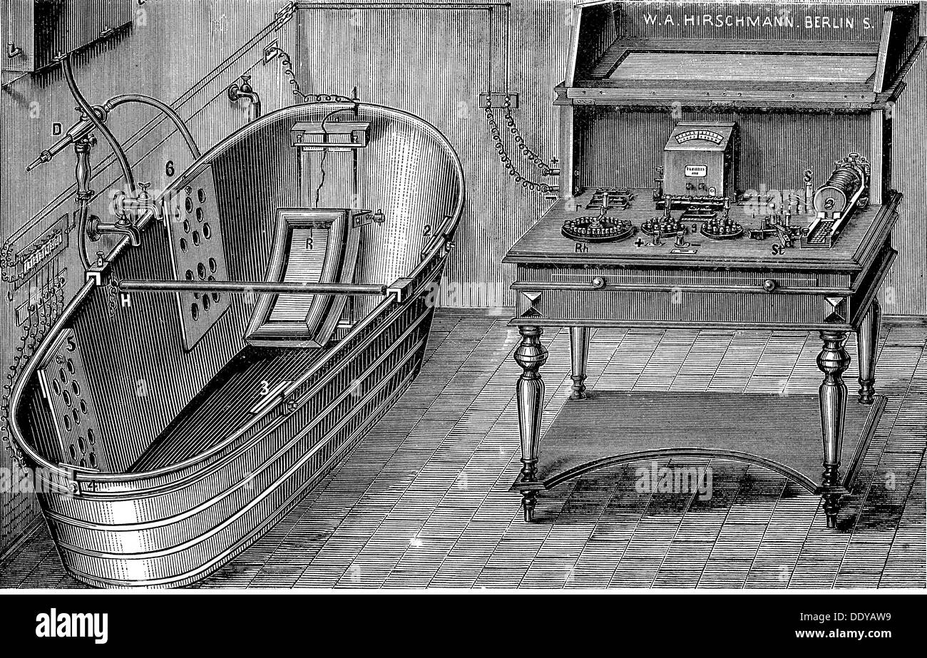 medicine, instruments / equipment, electrical bath, producer: W.A.Hirschmann, Berlin, wood engraving, 19th century, 19th century, graphic, graphics, apparatus, apparatuses, electricity, electric current, high currents, treatment, treatments, therapy, therapies, electrotherapeutics, electrotherapy, object, objects, stills, bathtub, bath tub, bath tubs, tub, tubs, medicine, medicines, instrument, instruments, devices, device, electrical, electric, bath, baths, historic, historical, Additional-Rights-Clearences-Not Available Stock Photo