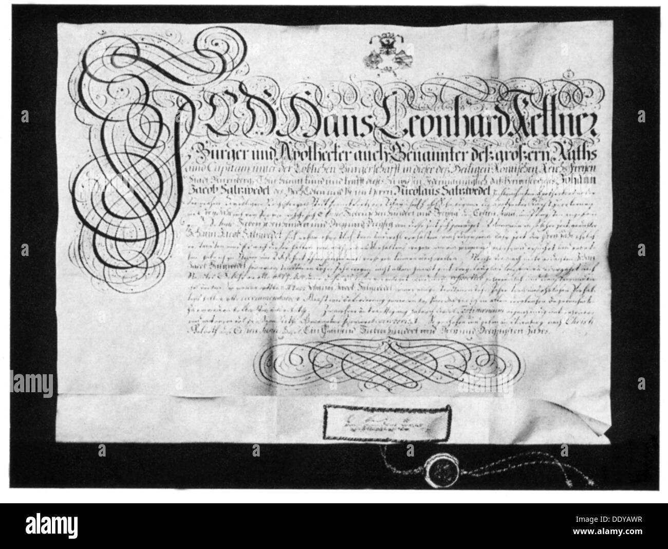 medicine, pharmacy, certificate of apprenticeship for Johann Jacob Salzwedel, Frankfurt, issued by apothecary Hans Leonhard Kellner, Nuremberg, 1.7.1733, Additional-Rights-Clearences-Not Available Stock Photo
