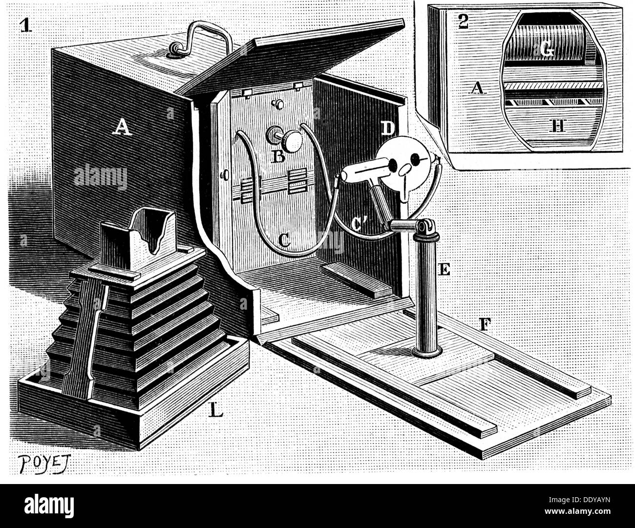 medicine, irradiation / X-ray / measurement, X-ray machine by Seguy, wood engraving by Poyet, 1897, Additional-Rights-Clearences-Not Available Stock Photo