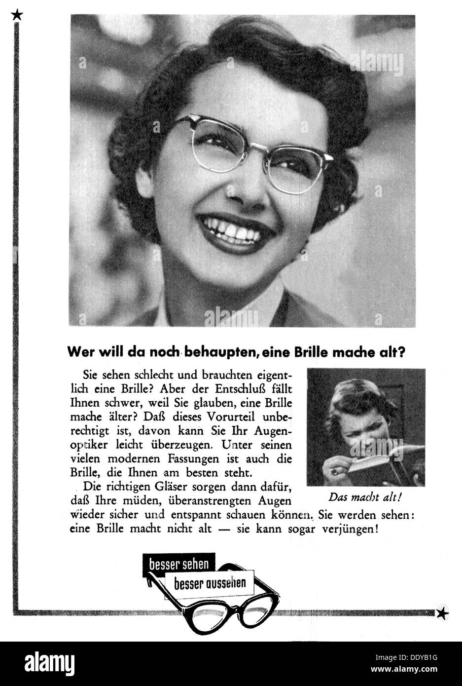 advertising, medicine, advertisement promoting the wearing of glasses, 1954, Additional-Rights-Clearences-Not Available Stock Photo
