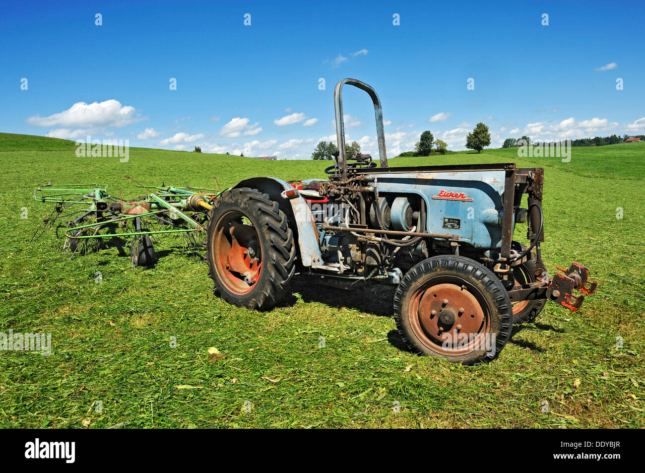 Vintage Eicher tractor on a meadow near Kempten, Allgaeu region, Bavaria Stock Photo
