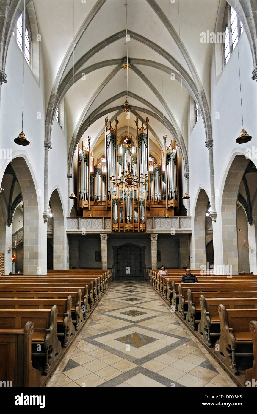 Interior view, organ in the neo-Gothic St. Ottilien Archabbey, built 1897-1899, near Landsberg, Bavaria Stock Photo