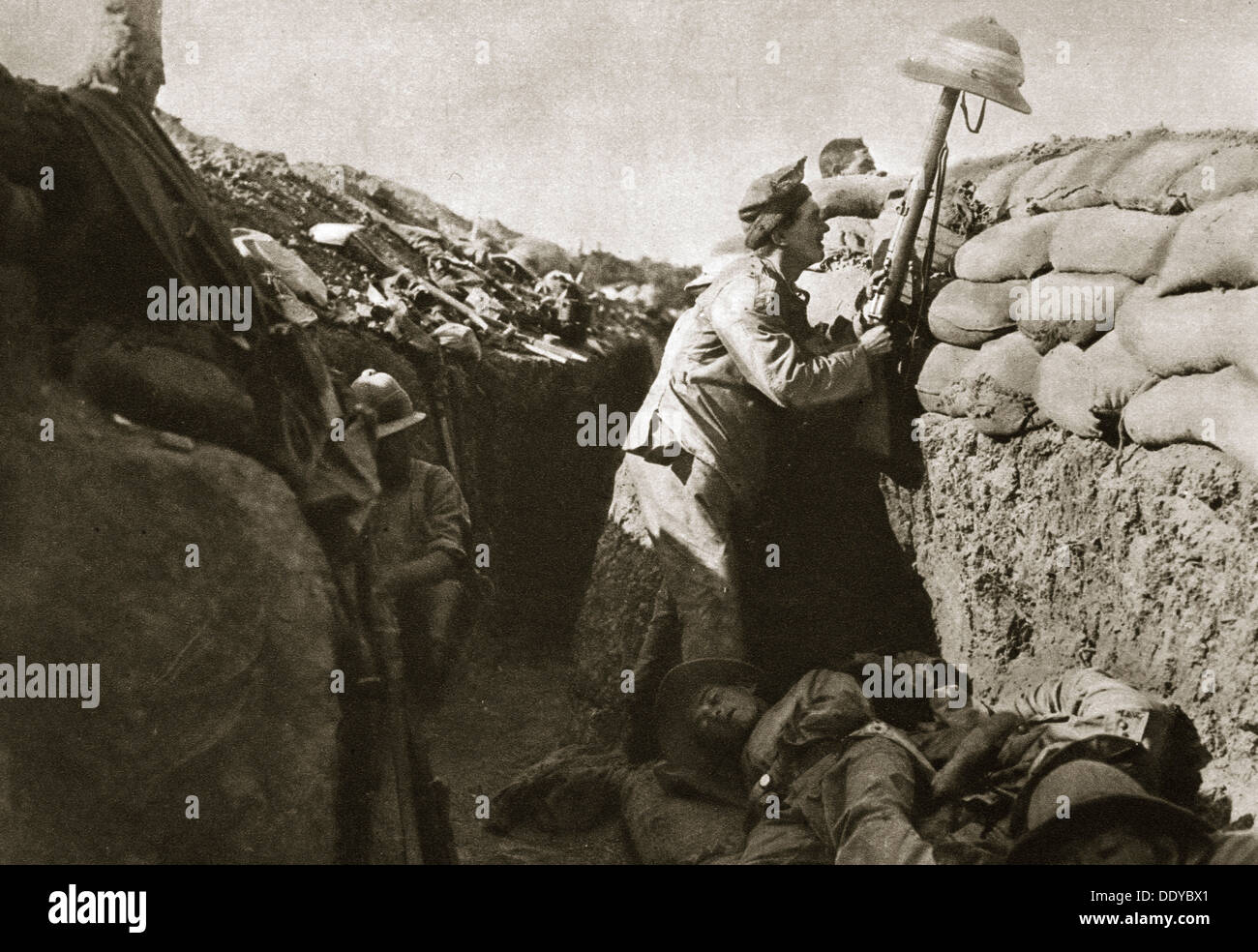 A Royal Irish Fusilier teases a Turkish sniper, Gallipoli, Turkey, World War I, c1915-c1916. Artist: Unknown Stock Photo