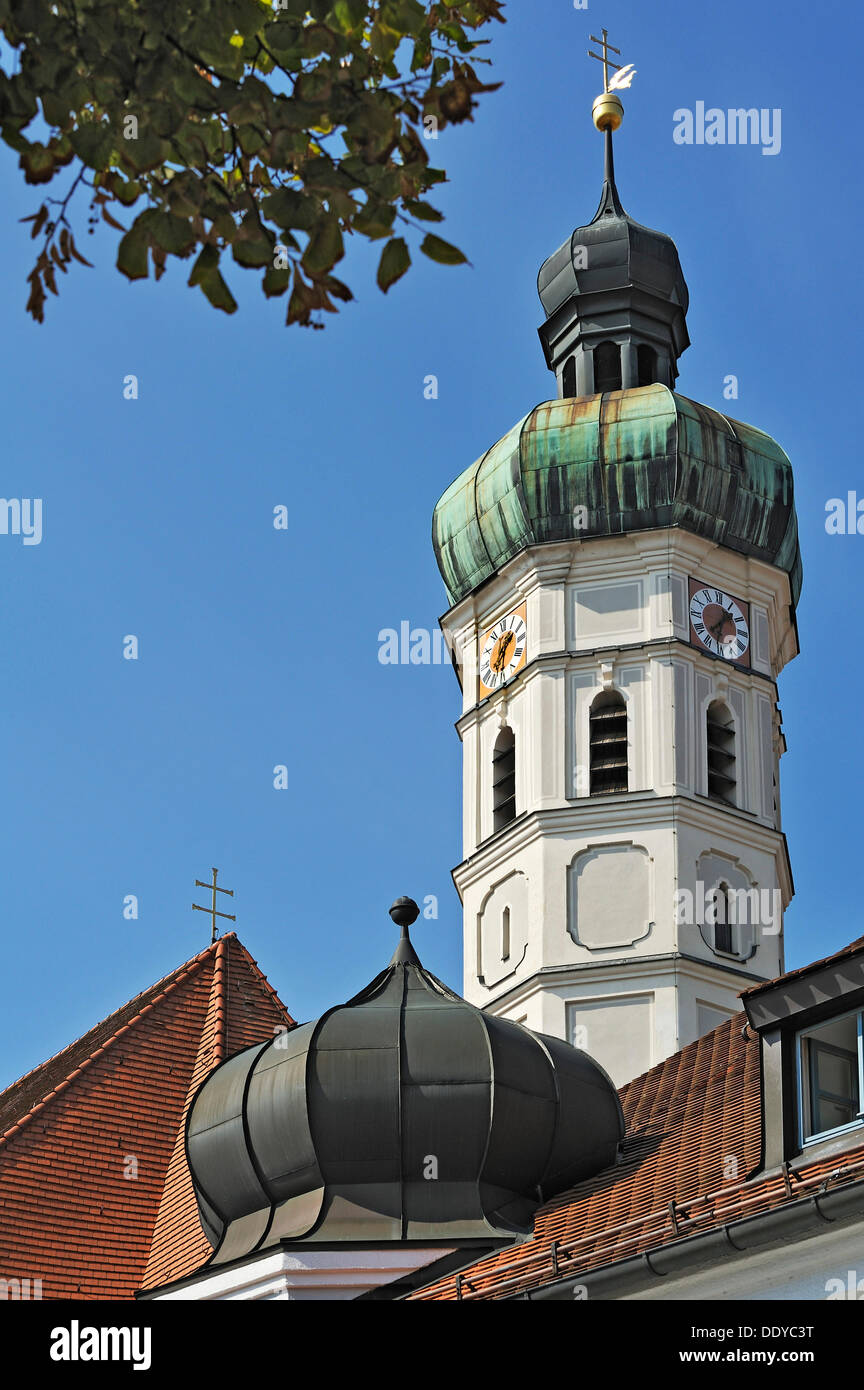 Onion tower with a clock on the Parish Church of St. Jakob, Dachau ...