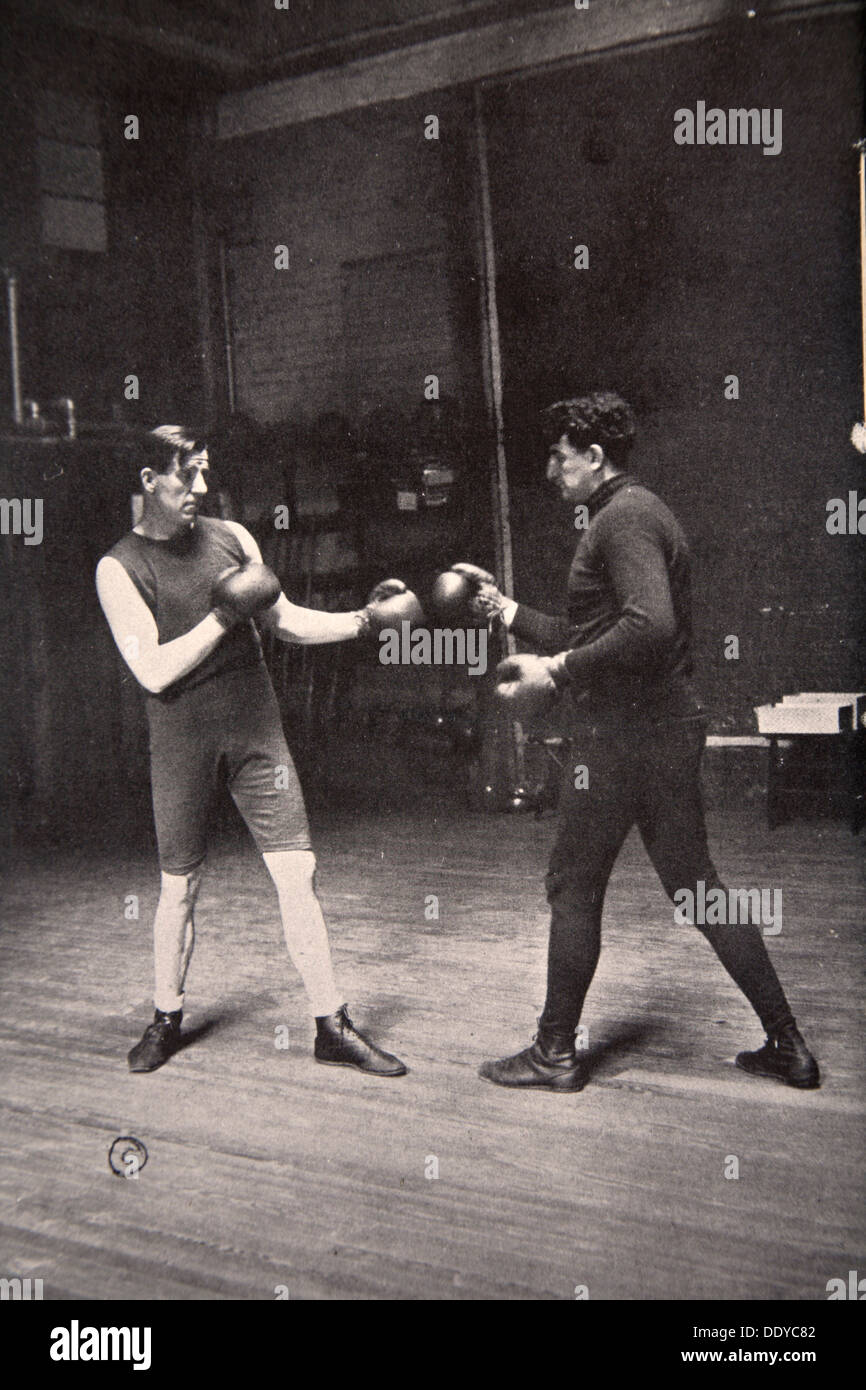 James J Corbett, American boxer, training with Jim Kennedy, 1900. Artist: Unknown Stock Photo