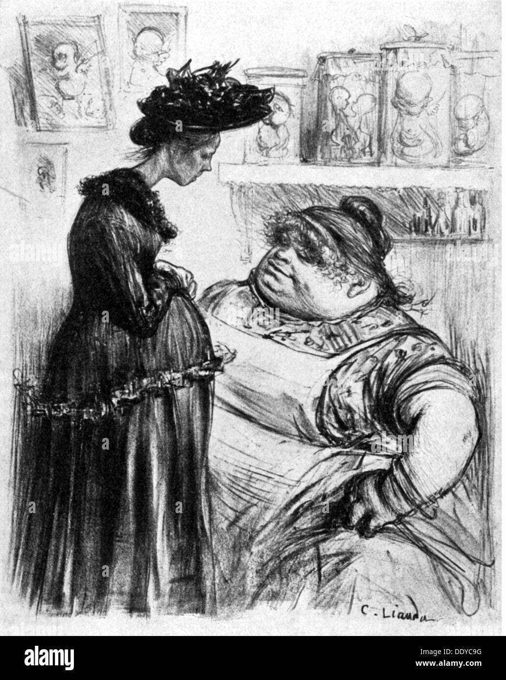 medicine,birth / gynecology,pregnant woman at a backstreet abortionist,by Charles Leandre(1862 - 1934),lithograph,19th century,19th century,graphic,graphics,caricature,caricatures,humor,humour,satire,half length,standing,pregnant woman,pregnant women,pregnancy,gestation,gravidity,pregnancies,sitting,sit,conversation,conversations,talks,talking,talk,illegal,help,out of desperation,misery,quackery,quack,a quack doctor,abortion,abortions,termination,emergency,emergencies,medicine,medicines,birth,births,gynecology,gyna,Additional-Rights-Clearences-Not Available Stock Photo