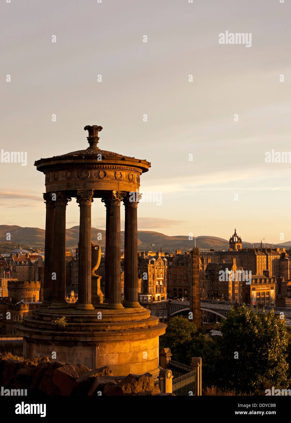 Edinburgh, Calton Hill, Dugald Stewart monument at sunset, Scotland UK Stock Photo
