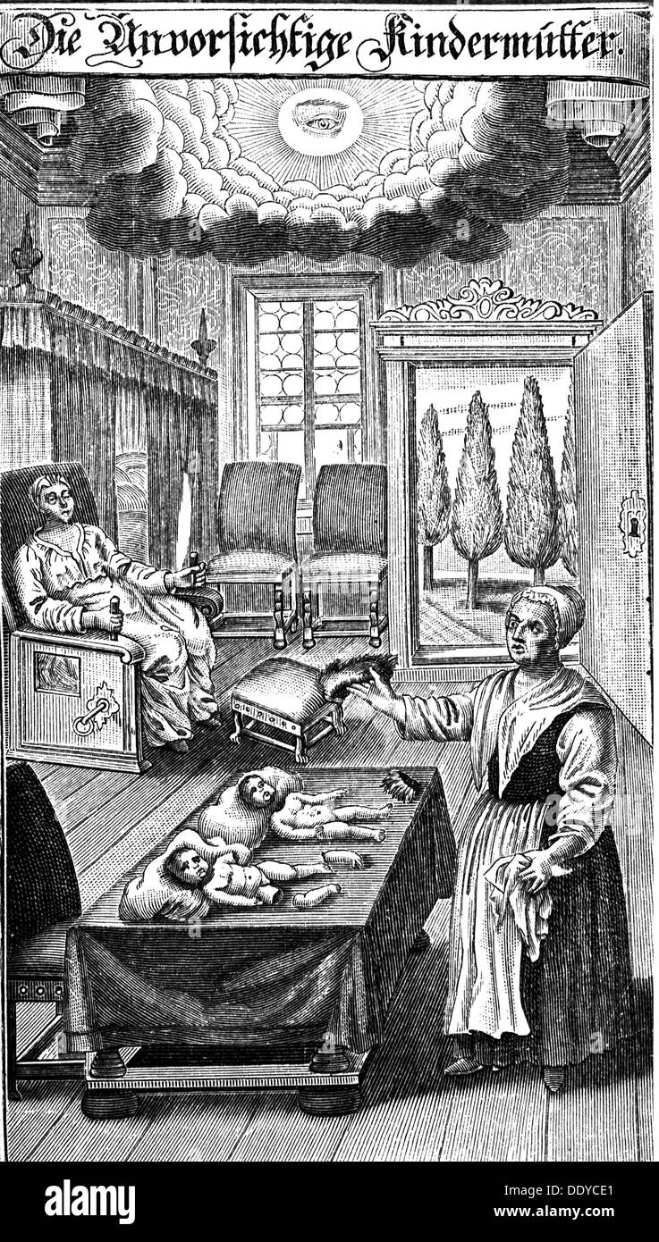 medicine, birth / gynecology, German midwife, copper engraving, out of:  Johann Christoph Ettner (1654 - 1725), Des Getreuen Eckharts Unvorsichtige  Heb-Amme, Leipzig, 1715, Artist's Copyright has not to be cleared Stock  Photo - Alamy