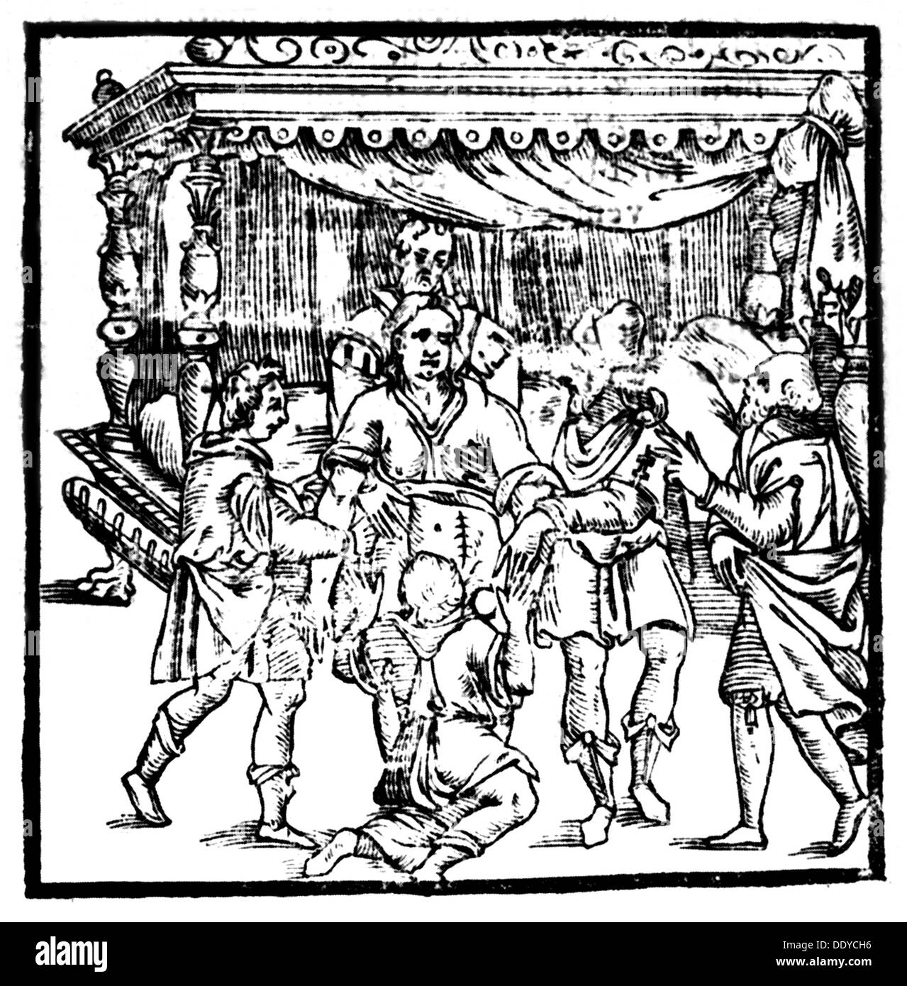 medicine, birth / gynecology, childbearing by means of Caesarean, paturient is being put in a relaxing position, woodcut, out of: Scipione Mercurio, 'La Comare o ricoglitrice', Milan, 1618, Additional-Rights-Clearences-Not Available Stock Photo