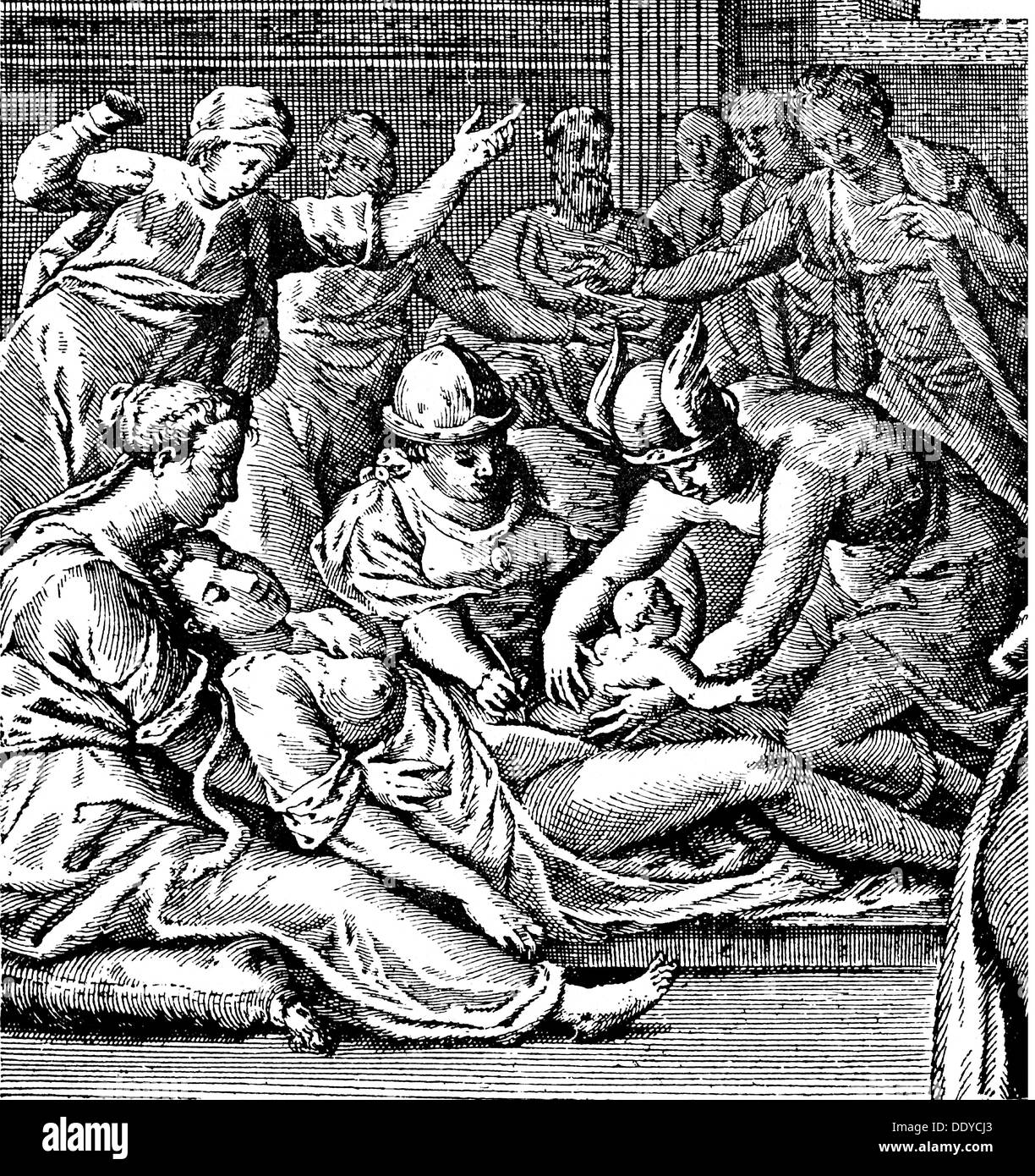 medicine, birth / gynecology, birth of Dionysus by Caesarean, copper engraving by Raphael Custos (circa 1591 - 1664), 17th century, 17th century, graphic, graphics, pregnant woman, pregnant women, sitting, sit, half length, belly, bellies, tummy, cutting, cut, cuts, operation, undergo surgery, need surgery, operating, operate, holding, hold, birthing, bear, give birth, delivery, childbearing, childbirth, abdomen, ancient world, ancient times, religion, religions, mythology, legend, legends, God, Gods, deity, divinity, deities, goddess, goddesses, Herme, Artist's Copyright has not to be cleared Stock Photo