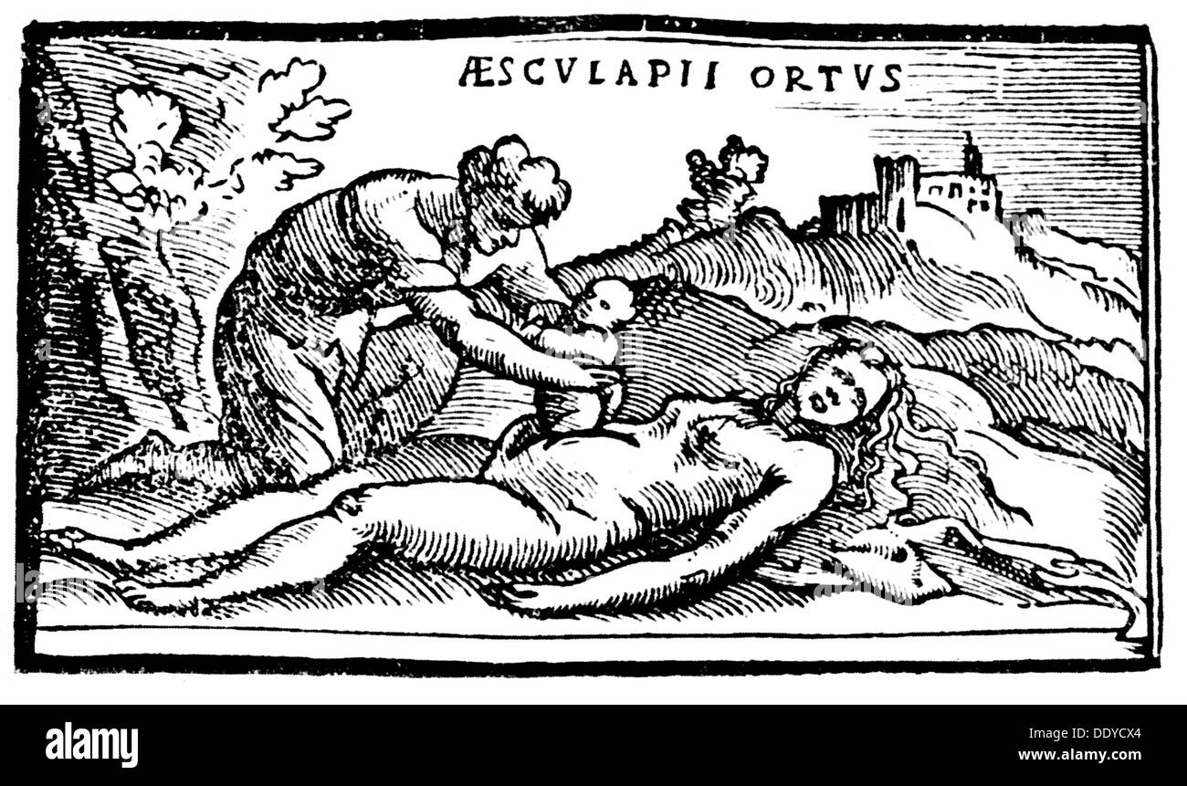 medicine, birth / gynecology, birth of Asclepius by means of Caesarean by Apollo, woodcut, out of: Alessandro Benedetti (circa 1450 - 1512), 'De re medica', Basel, 1549, Additional-Rights-Clearences-Not Available Stock Photo