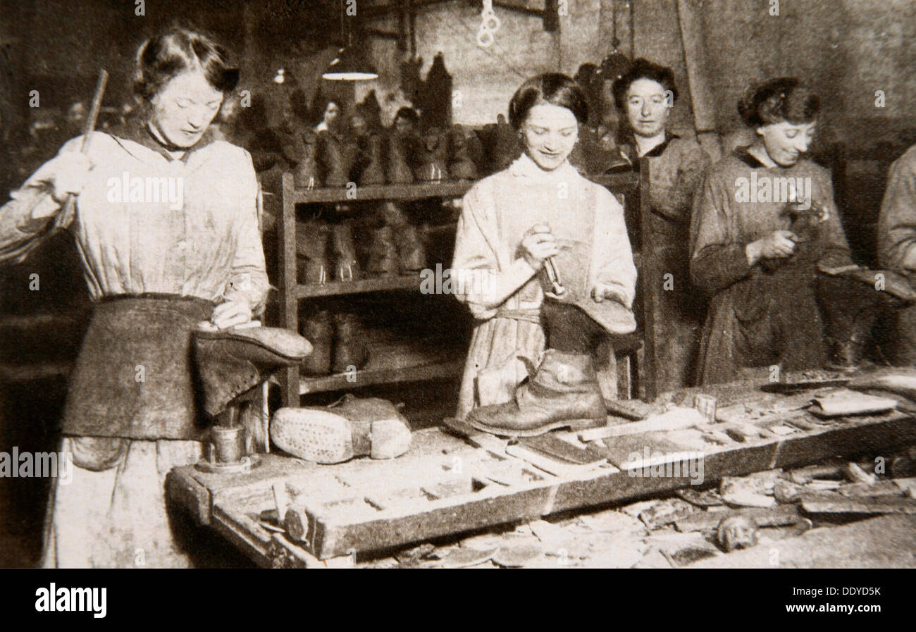 Women working in a boot repairing factory, Old Kent Road, London, World War I, c1914-c1918. Artist: S and G Stock Photo