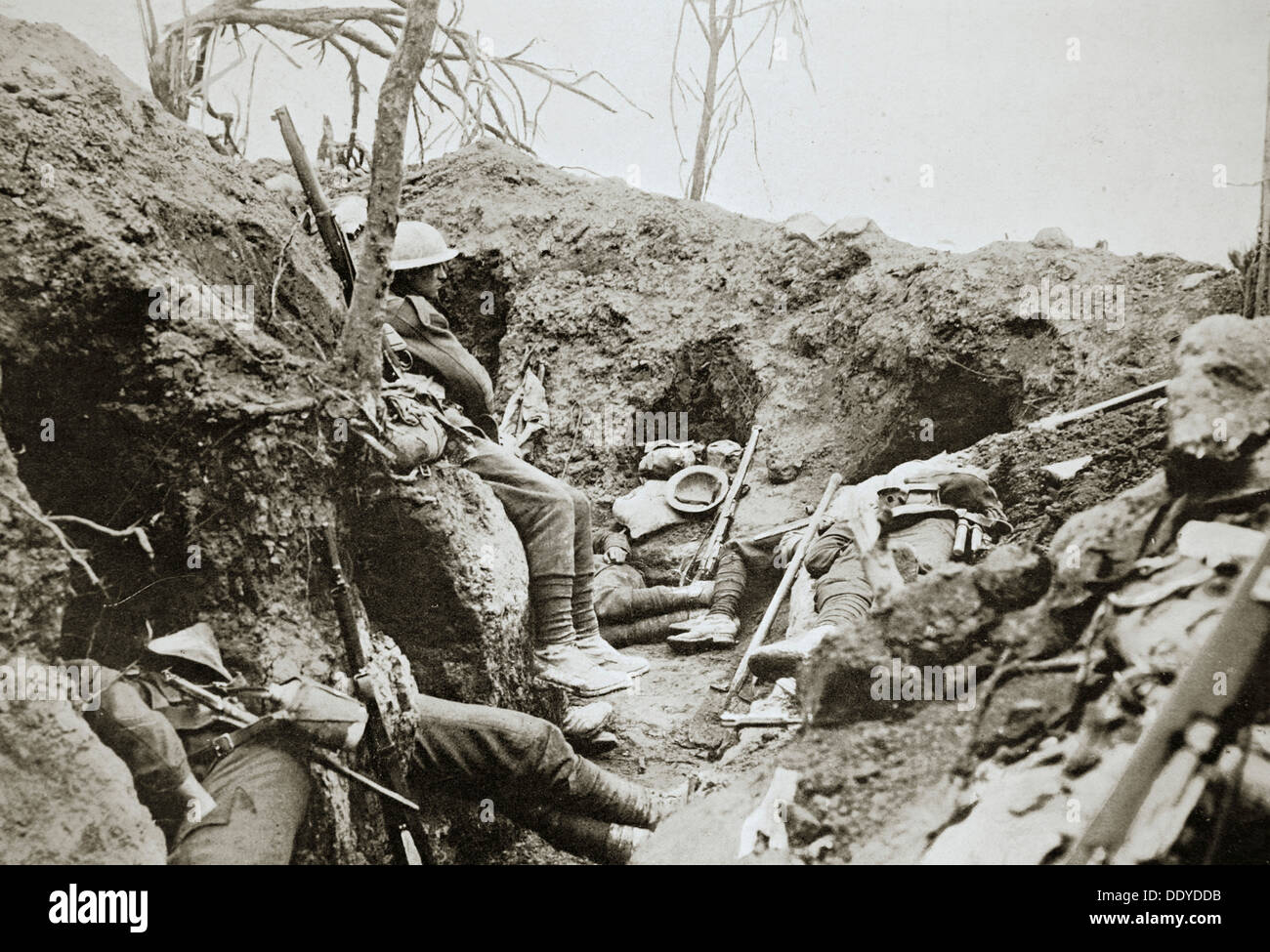 British troops resting in a captured German trench, Somme campaign, France, World War I, 1916. Artist: Unknown Stock Photo