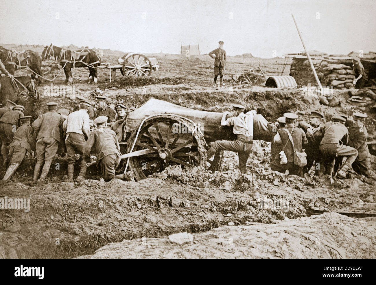 Manoeuvring a big gun in the mud, Somme campaign, France, World War I, 1916. Artist: Unknown Stock Photo