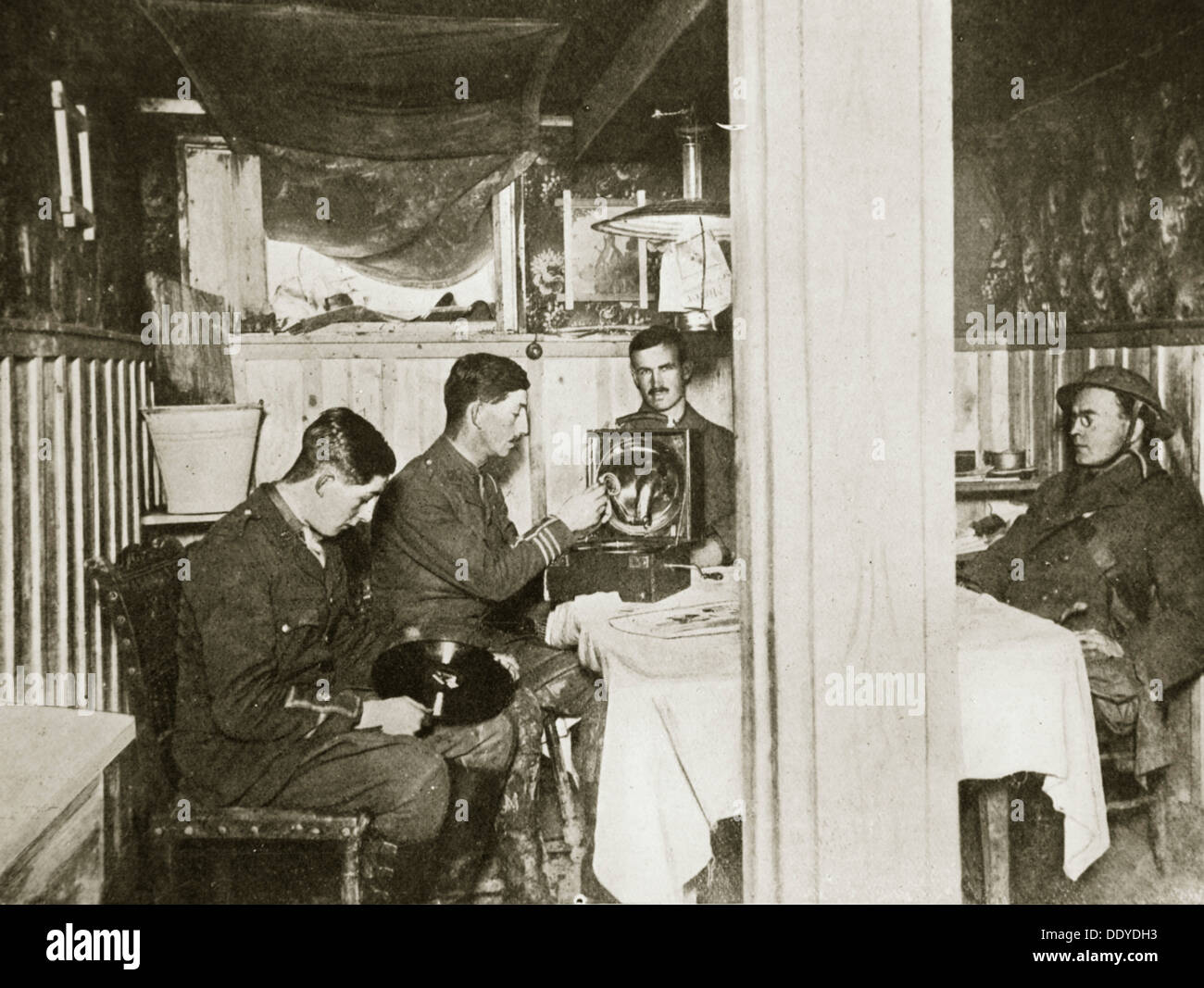 British soldiers in a captured German dugout, Somme campaign, France, World War I, 1916. Artist: Unknown Stock Photo