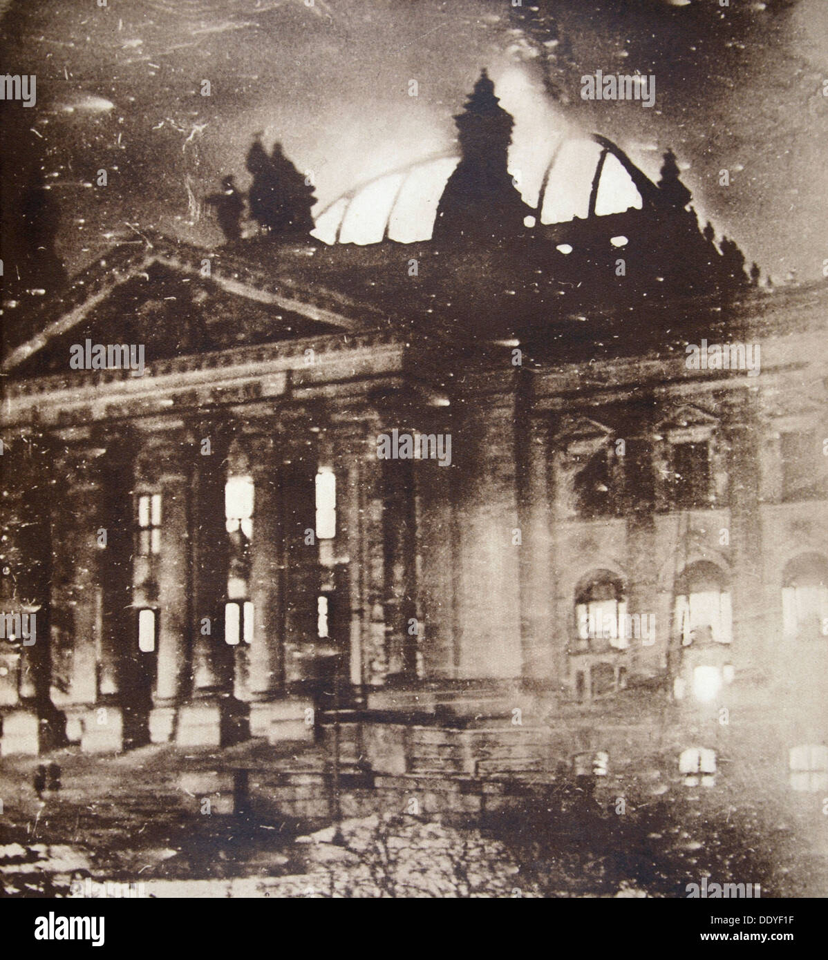 The Reichstag on fire, Berlin, Germany, 27 February 1933. Artist: Unknown Stock Photo