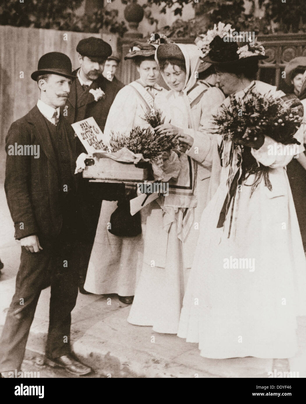 Christabel Pankhurst and Emmeline Pethick-Lawrence, British suffragettes, 18 September, 1908. Artist: Unknown Stock Photo