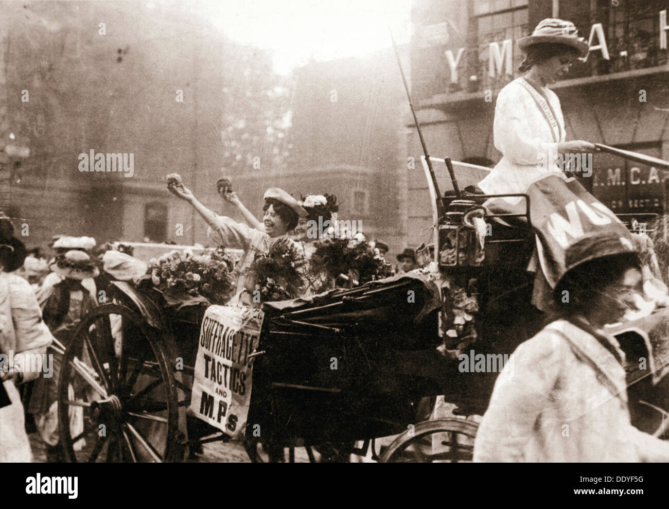 Two suffragettes celebrating their release from Holloway Prison, London, on 22 August 1908. Artist: Unknown Stock Photo