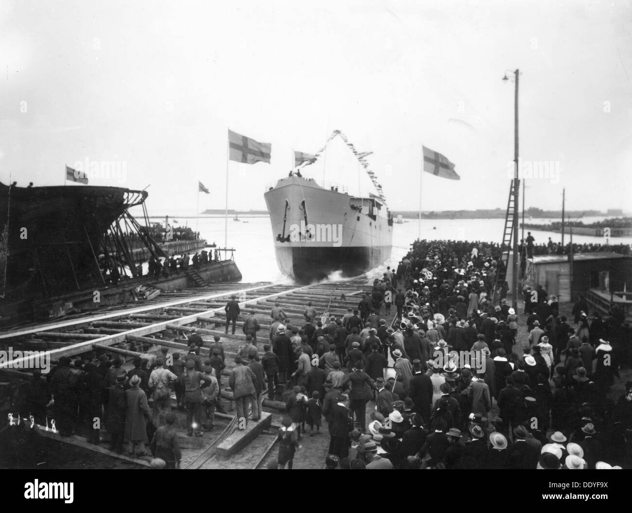 Launching of the SS 'Torild', first ship built at the Landskrona Shipyard, Sweden, 1918. Artist: Unknown Stock Photo