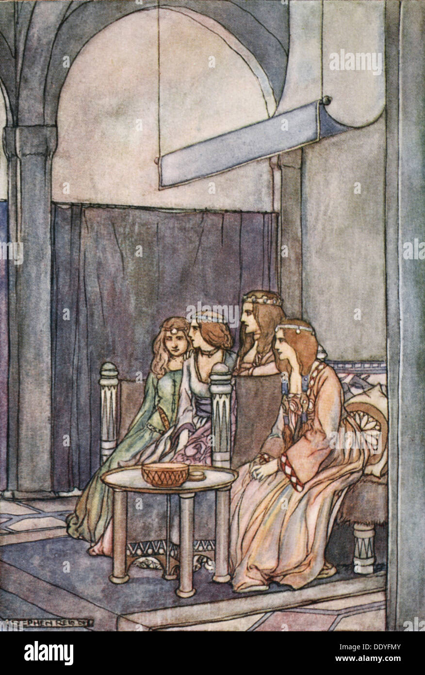 'There sat the three maidens with the Queen', c1910.  Artist: Stephen Reid Stock Photo
