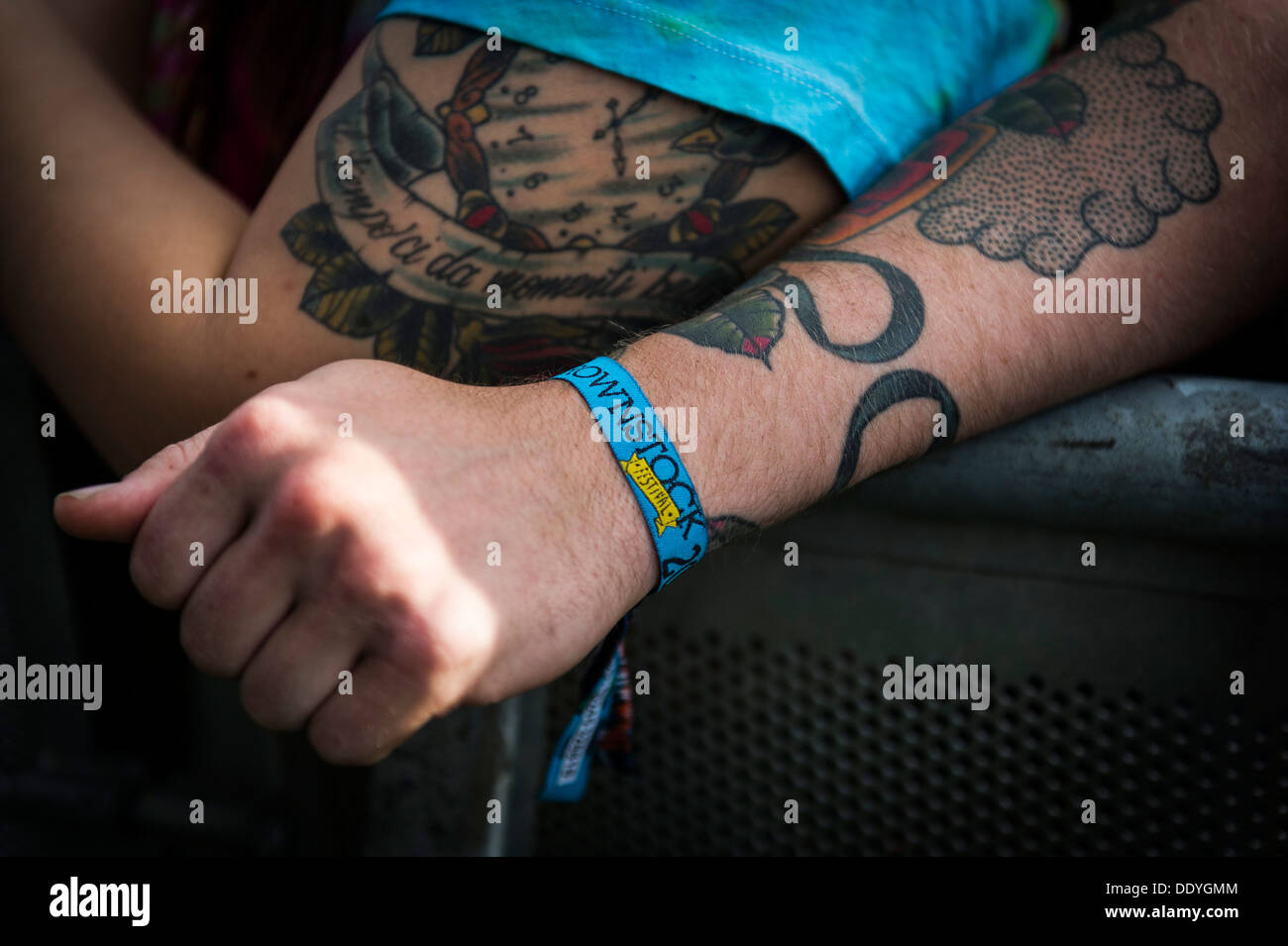The arm of a festivalgoer at the Brownstock Festival in Essex. Stock Photo