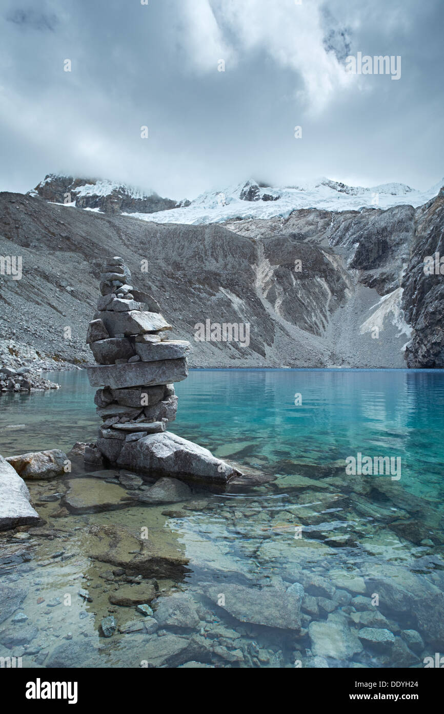 Laguna 69 with Pisco high above in the Huascarán National Park, Peruvian Andes. Stock Photo