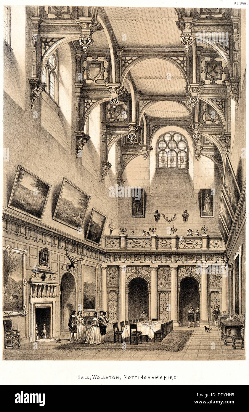 Interior of the Great Hall, Wollaton Hall, Nottingham, Nottinghamshire, 1841. Artist: Joseph Nash Stock Photo
