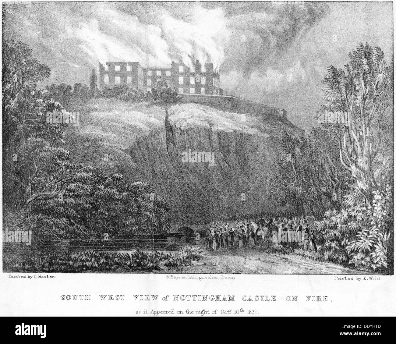 Nottingham Castle on fire, viewed from the south, 1831. Artist: S Rayner Stock Photo
