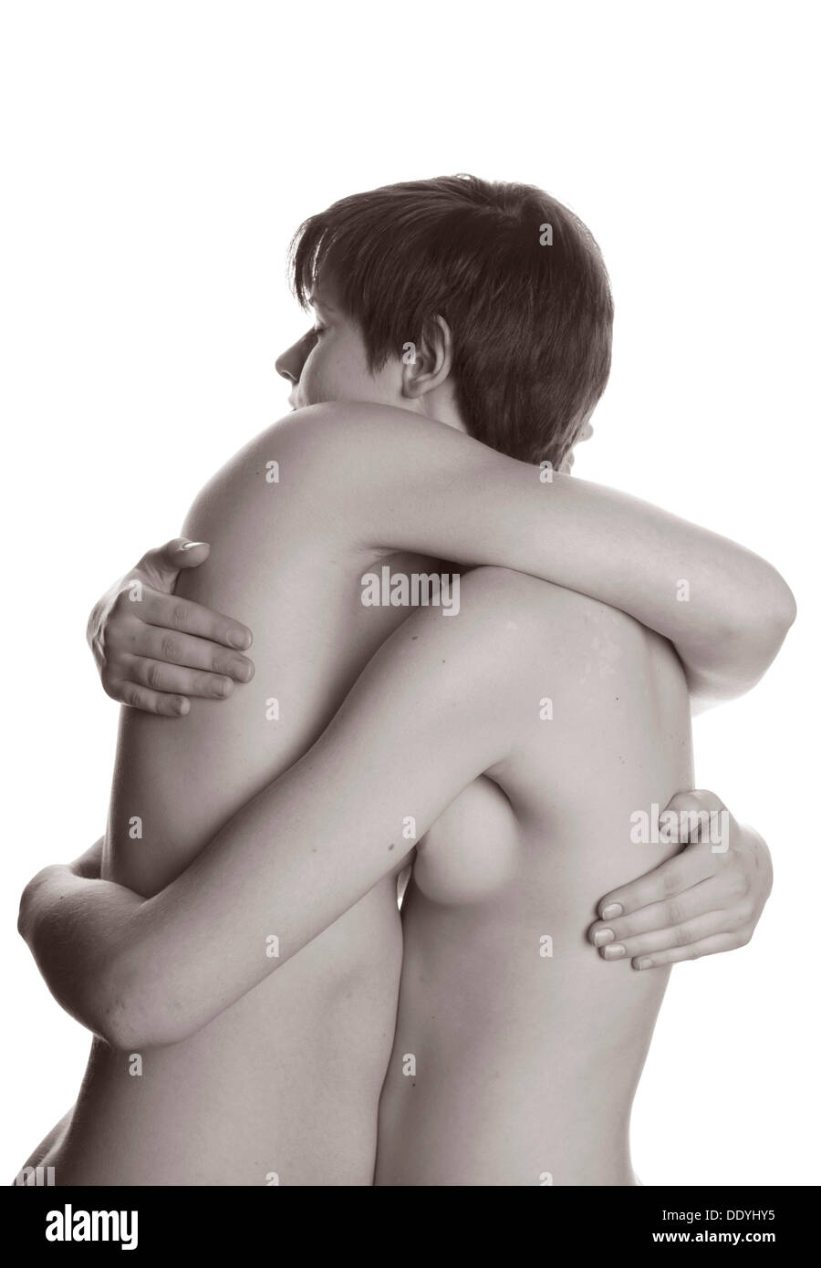 Naked couple hug