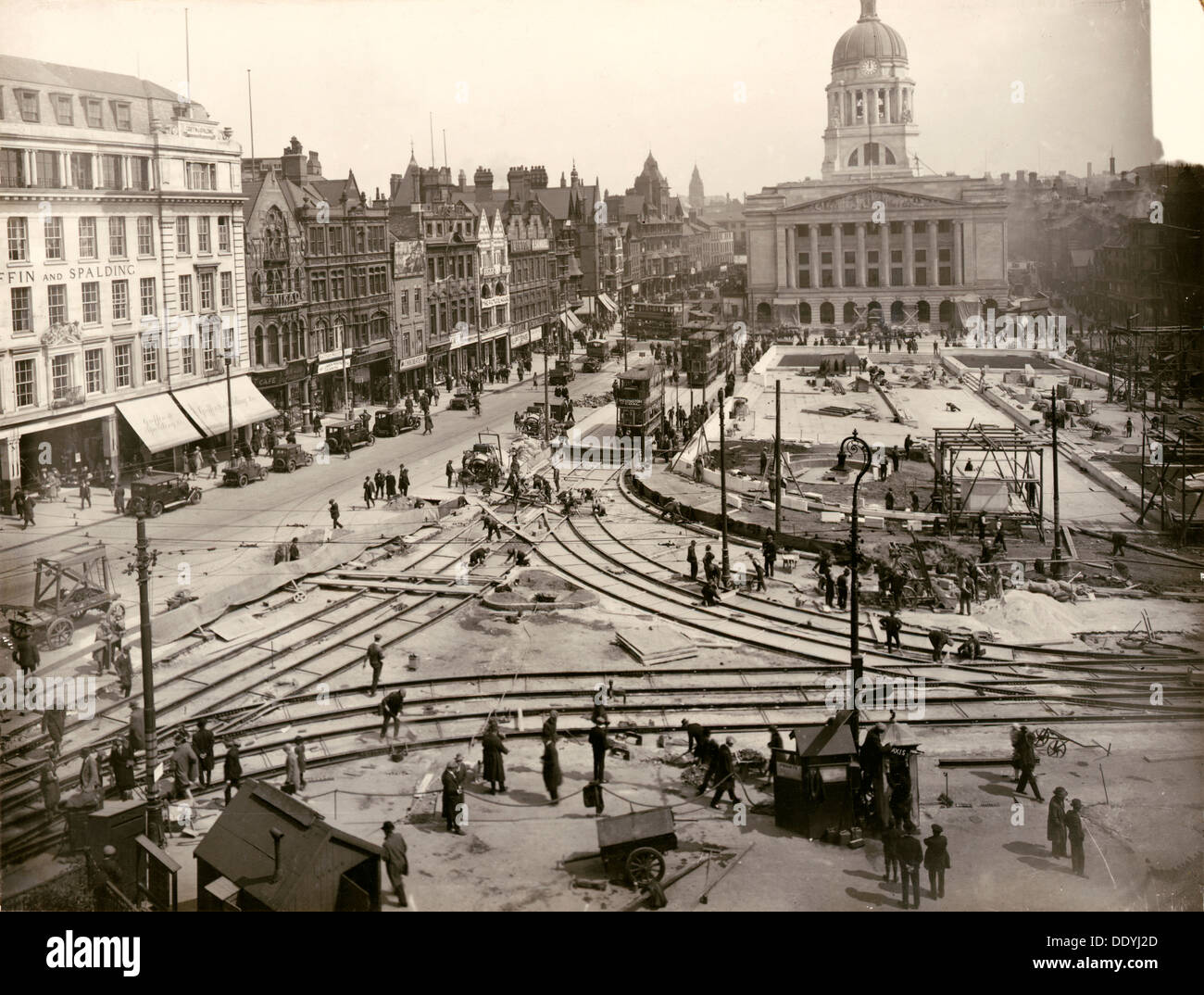 Re-laying of tram track in the Old Market Square, Nottingham, Nottinghamshire, 1929. Artist: Unknown Stock Photo