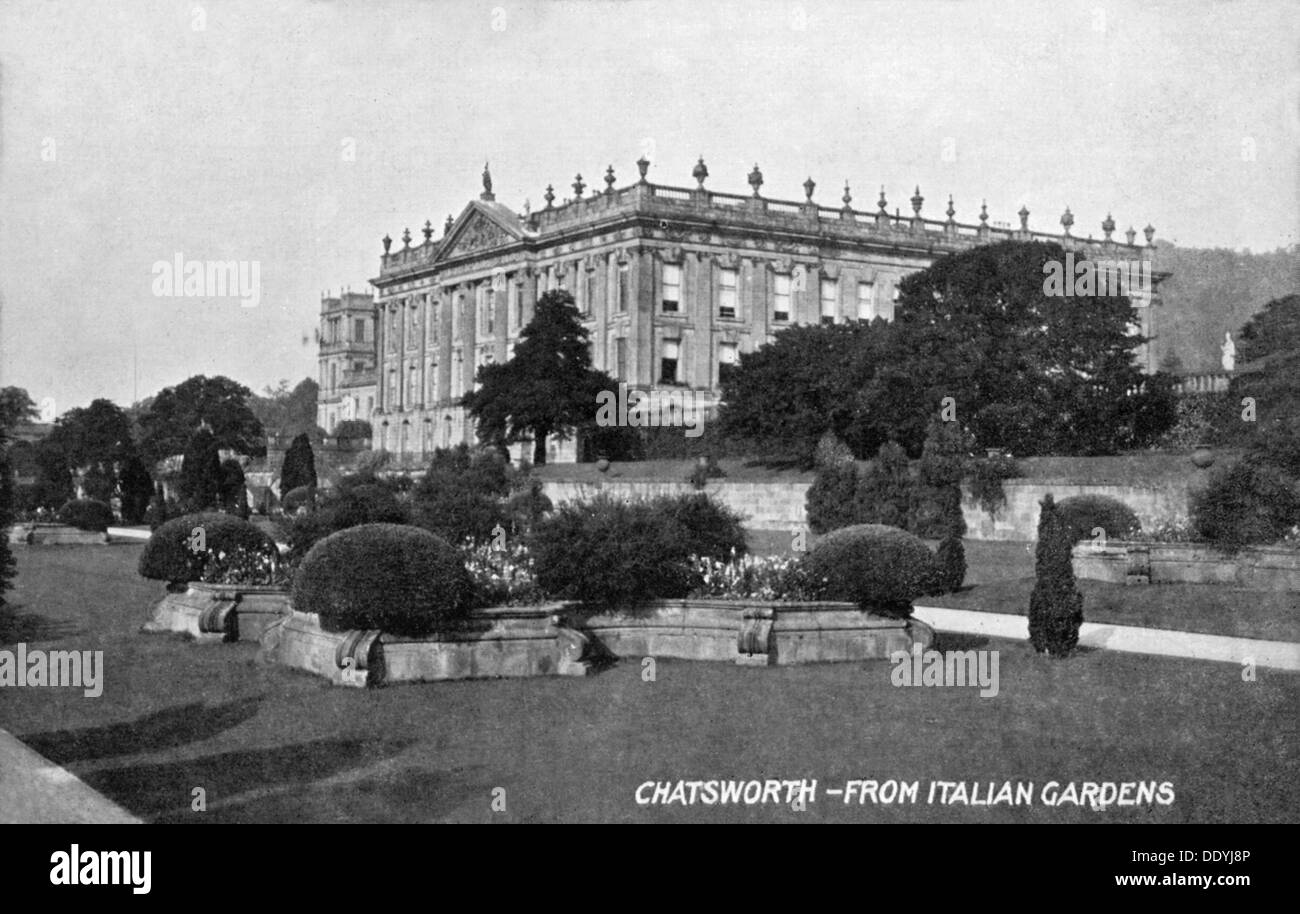 View of Chatsworth House from the Italian Gardens, Derbyshire, c1900-1919(?). Artist: Unknown Stock Photo
