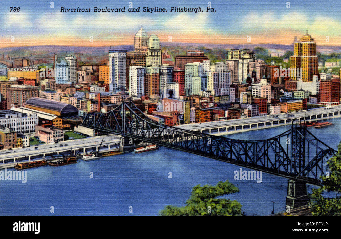 Riverfront Boulevard and city skyline, Pittsburgh, Pennsylvania, USA, 1940. Artist Unknown
