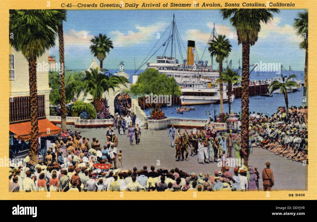 Crowds greet the daily arrival of a steamer, Avalon, Santa Catalina Island, California, USA, 1940. Artist: Unknown Stock Photo