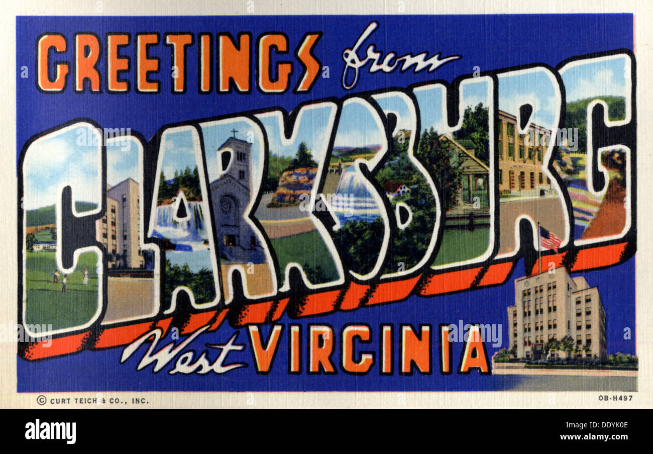 'Greetings from Clarksburg, West Virginia', postcard, 1940. Artist