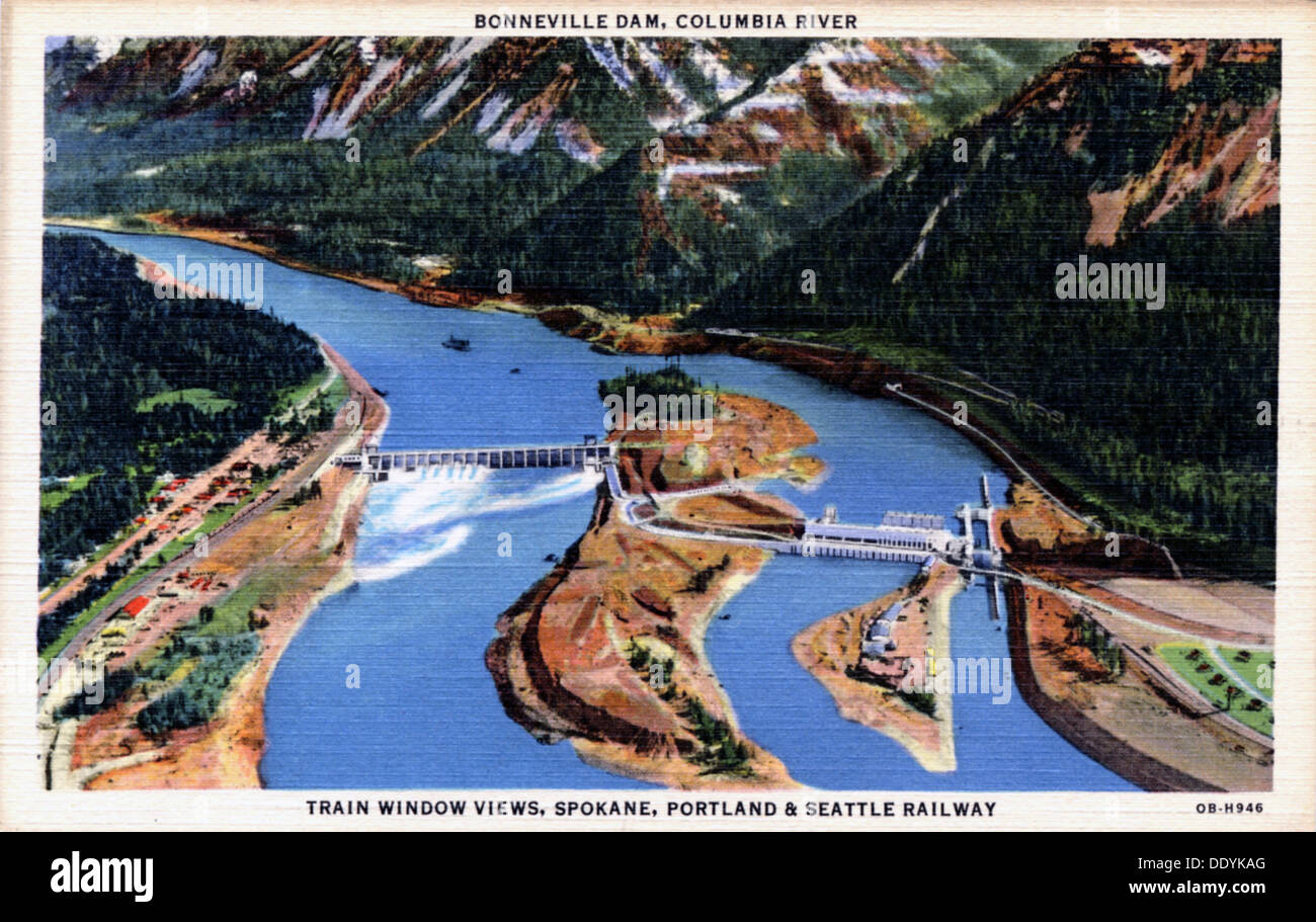 Bonneville Dam, Columbia River, Oregon/Washington, USA, 1940. Artist: Unknown Stock Photo