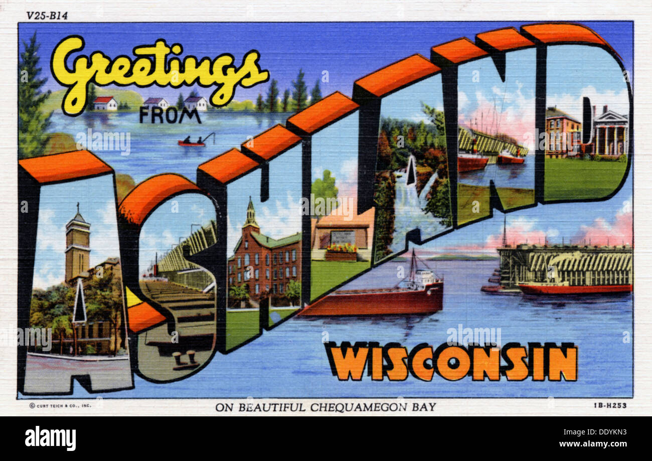 'Greetings from Ashland, Wisconsin', postcard, 1941. Artist Unknown